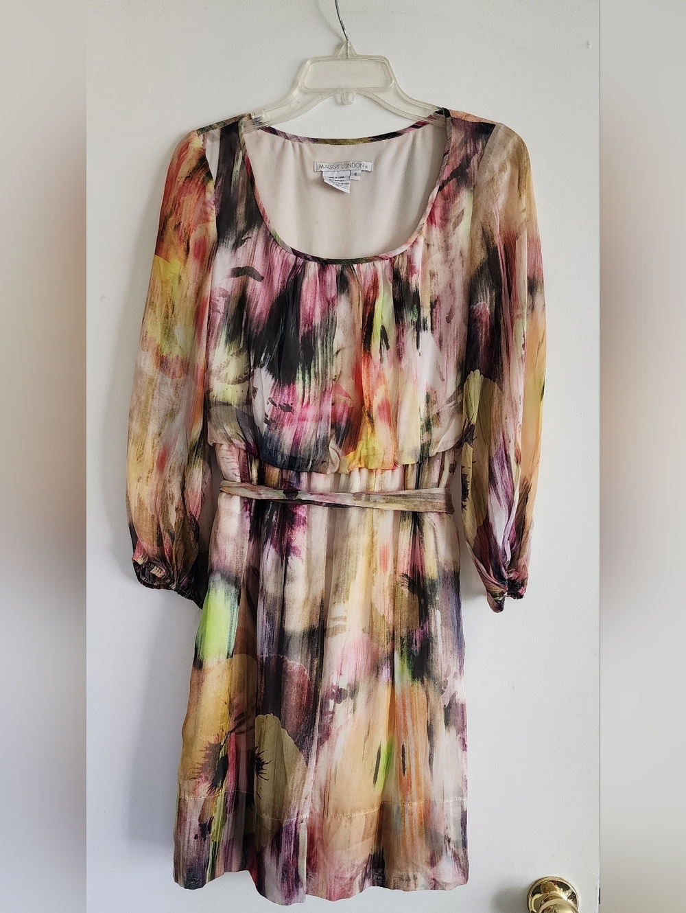 MAGGY LONDON | Silk Chiffon Multicolor Watercolor Print Dress | Size 4
